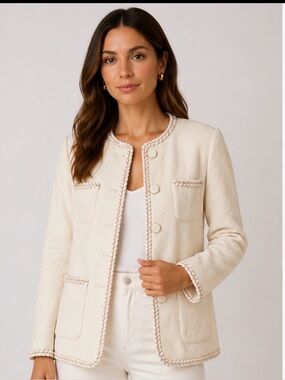 Wanger Cream Textured Jacket Small Braided Trim Button Front